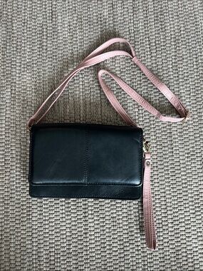 Rugged Rare Black and Pink Leather Wallet Phone Crossbody Bag
